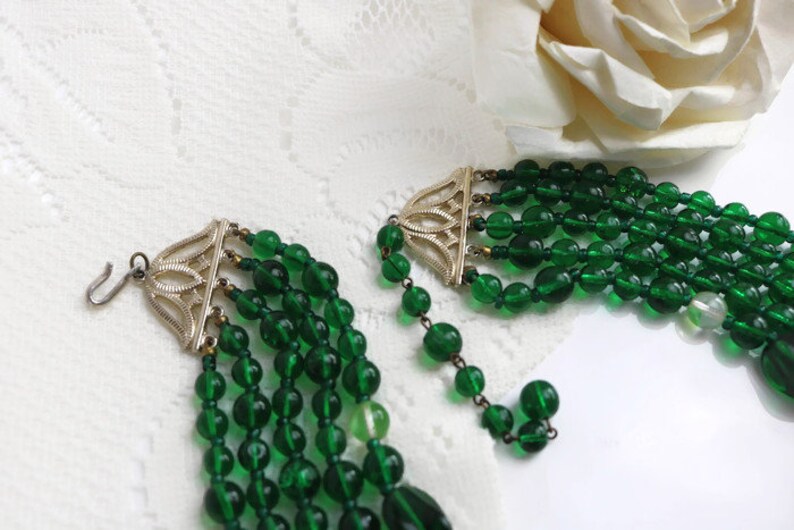 5 strand dark green necklace Stunning Green Art Deco Venetian glass Multi strand Statement necklace