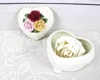 Heart shaped Jewelry box, Decorative ceramic trinket with porcelian Rose clustered lid.
