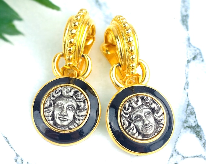 Retro Glamour: Etruscan Revival Medusa Clip on Earrings - Vintage High End Jewelry