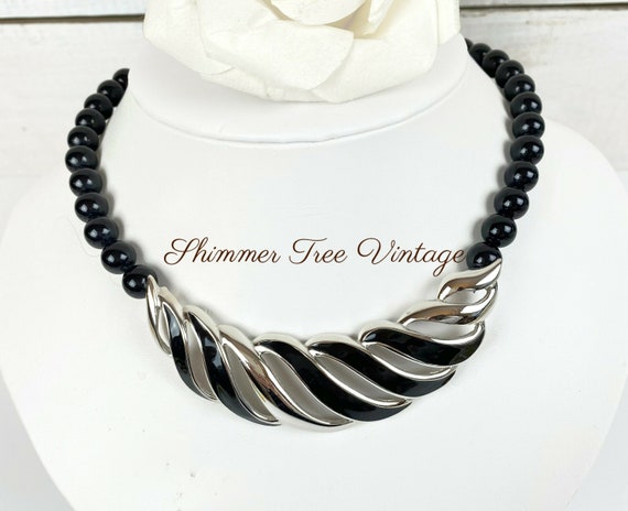 MONET signed Black and Silver Modern Bib Necklace - image 1