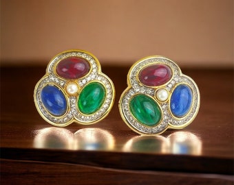 Chic David Grau signed Mogul Cabochon Clip on Earrings