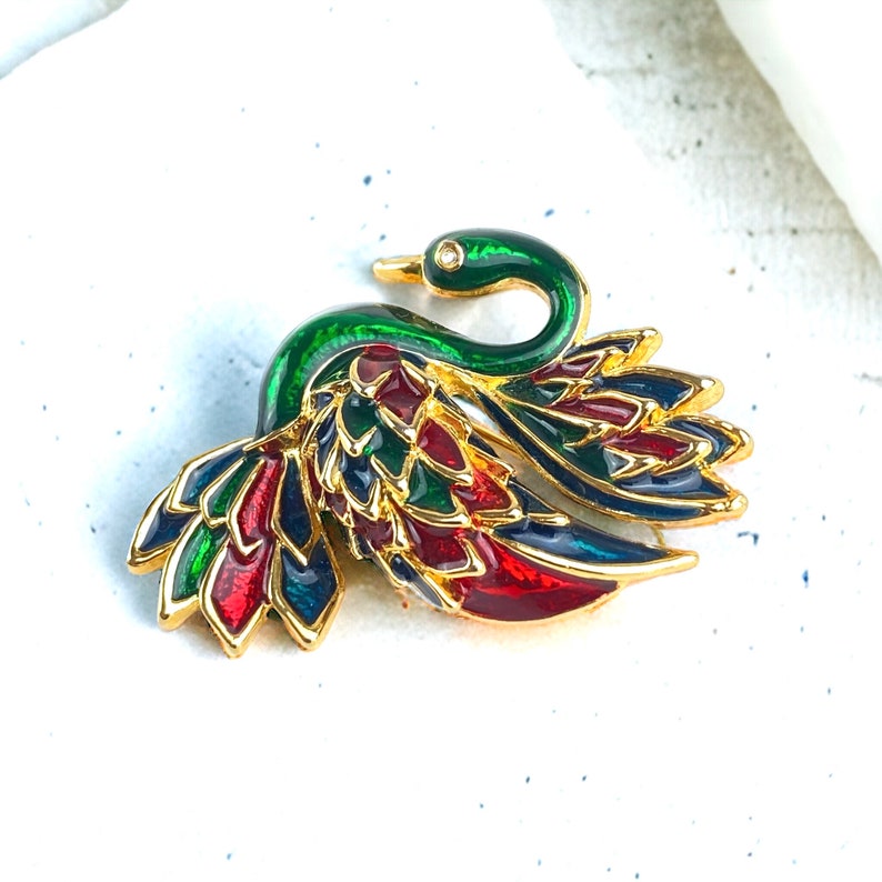 GIOVANNI Signed Swan Brooch with Stunning Red, Green, and Gold Enamel image 5