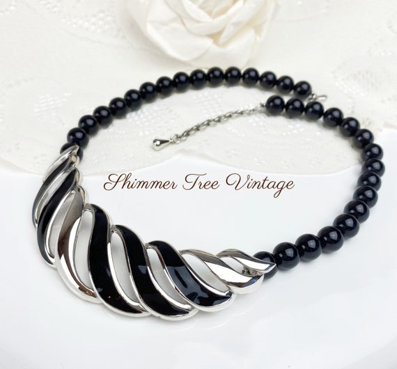 MONET signed Black and Silver Modern Bib Necklace - image 5