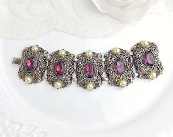 Gorgeous Victorian Revival Jeweled Faux Pearl and Rhinestone Filigree link Bracelet