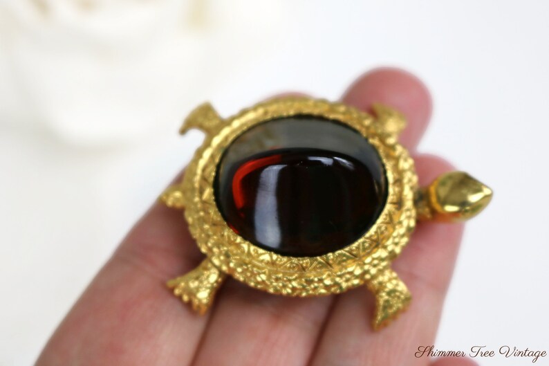 Tortolani Gold plated Amber glass Turtle brooch