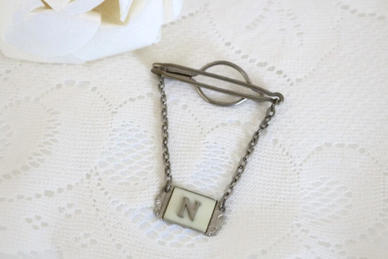 Men/'s art nouveau suit and tie accessories Tie bar with N initial celluloid pearlescent insert and silver tone metal