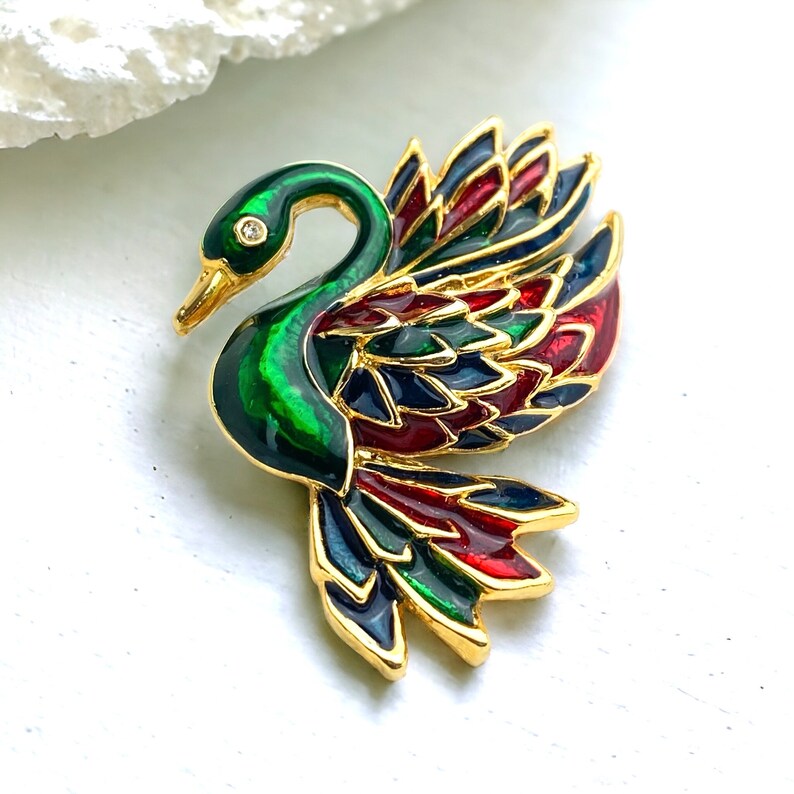GIOVANNI Signed Swan Brooch with Stunning Red, Green, and Gold Enamel image 4