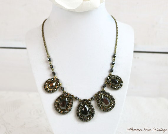 NINA RICCI Black Metallic Rhinestone Bib necklace