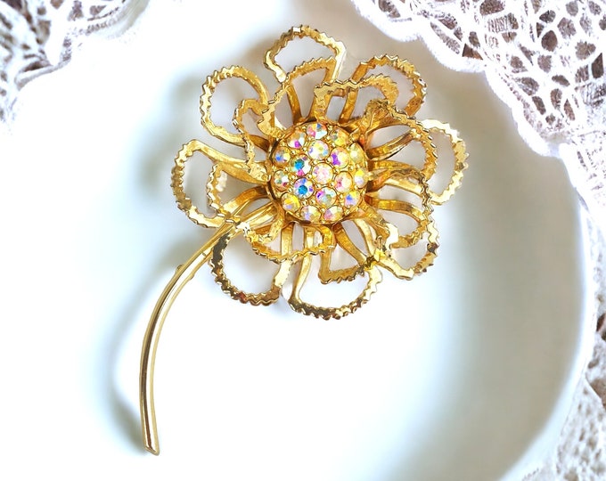 Beautiful SARAH COVENTRY Long Stem AB Rhinestone Flower Brooch