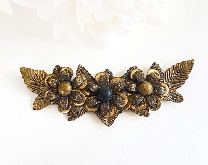 Beautiful Antique Long Stamped Brass Flower pin