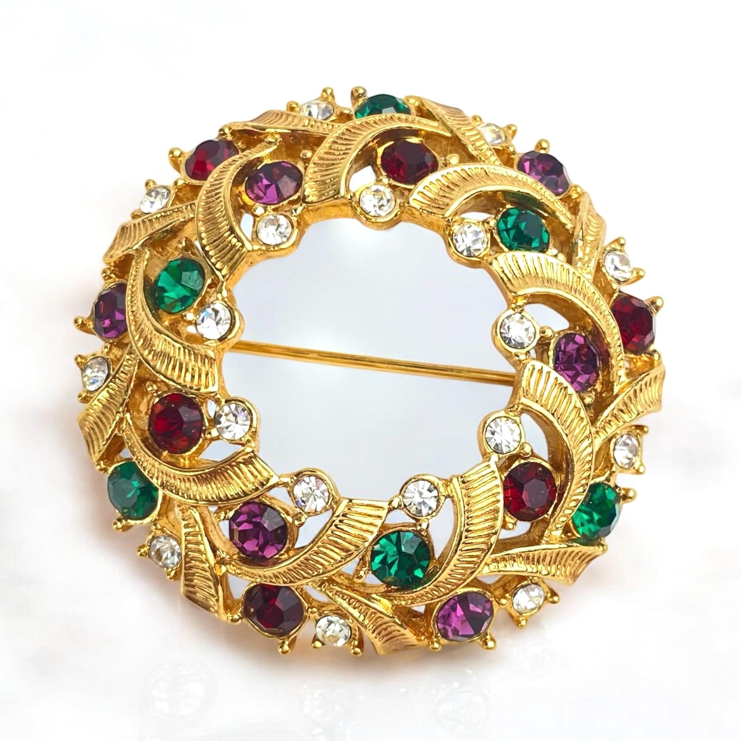 Vintage Swarovski Swan Signed Crystal Wreath Brooch, Colorful Sparkling Pin