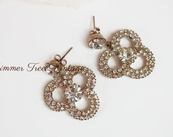 Vintage Rhinestone Flower Dangle Earrings for Pierced Ears