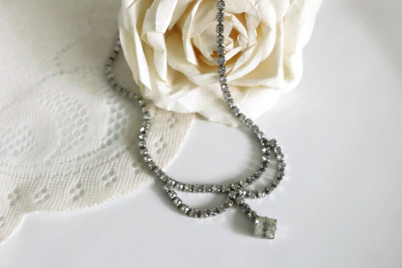 Crystal Necklace Art Deco Glam clear crystal rhinestone necklace with dainty crystal drop pendulum pendant.