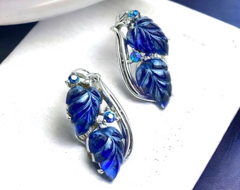 Vintage STAR Signed Blue Molded Leaf Clip on Earrings