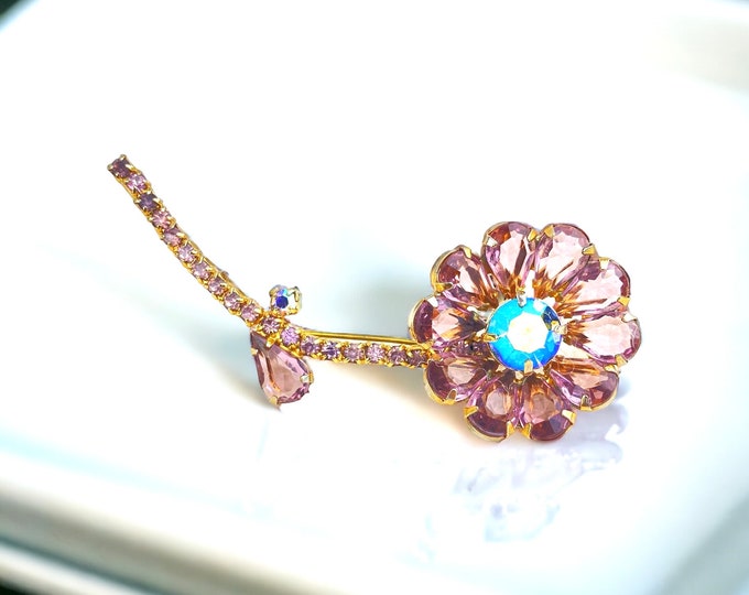 Vintage Juliana D&E Pink Rhinestone Long Stem Flower Brooch - Elegant Statement Jewelry