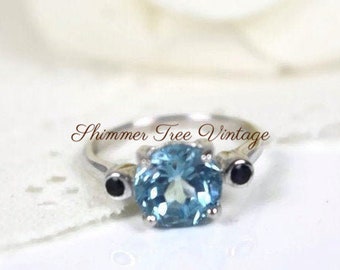 Aqua Blue Topaz and Sapphire 925 sterling gemstone Statement ring, Size 7