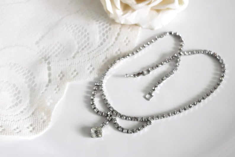 Crystal Necklace Art Deco Glam clear crystal rhinestone necklace with dainty crystal drop pendulum pendant.