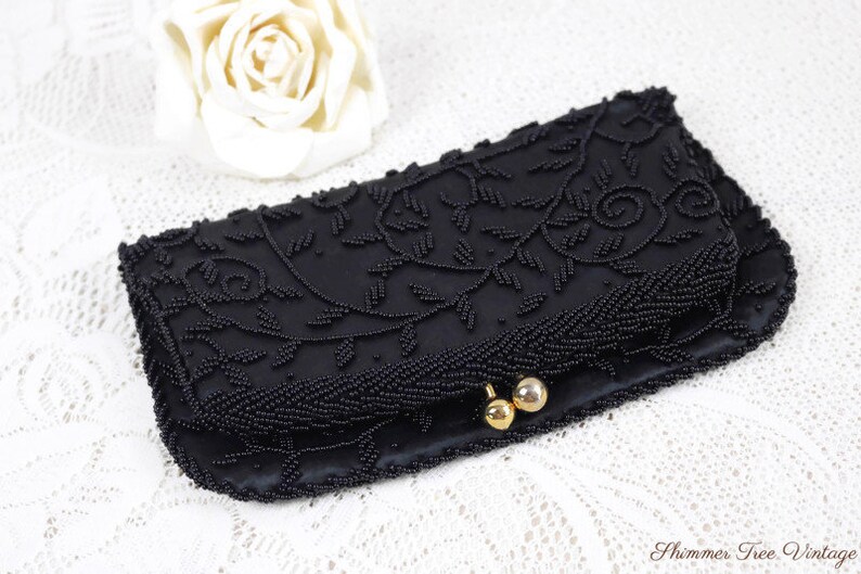 Vintage Black Beaded Fold Over Evening Clutch with kiss clasp