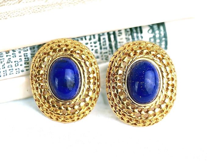 Gorgeous LES BERNARD Lapis Lazuli Cabochon Clip on Earrings
