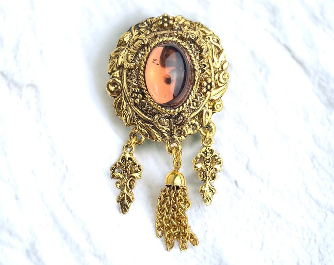 Vintage Topaz Glass Cabochon Dangle Brooch