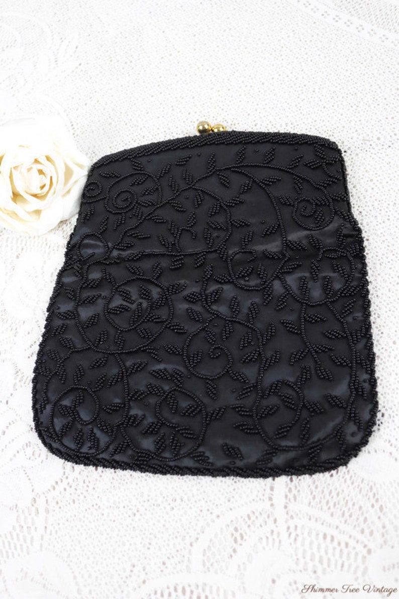 Vintage Black Beaded Fold Over Evening Clutch with kiss clasp