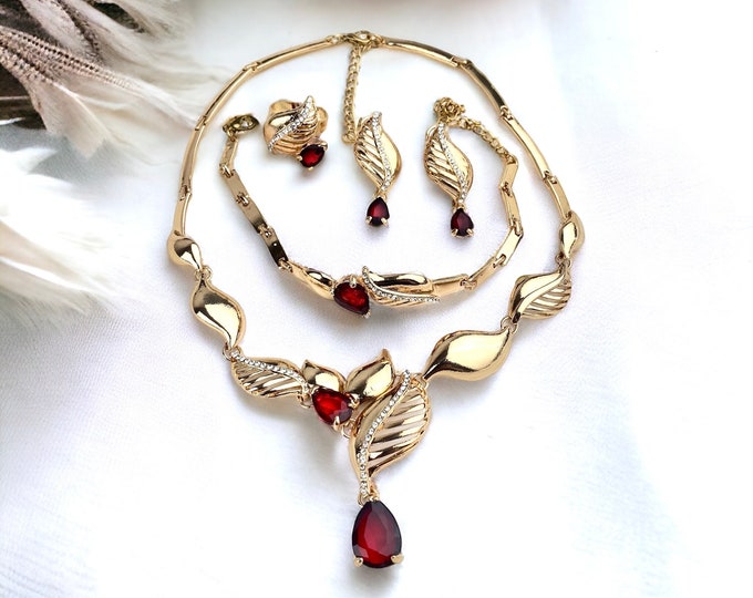 Red Rhinestone Floral Leaf Demi Parure Necklace Set