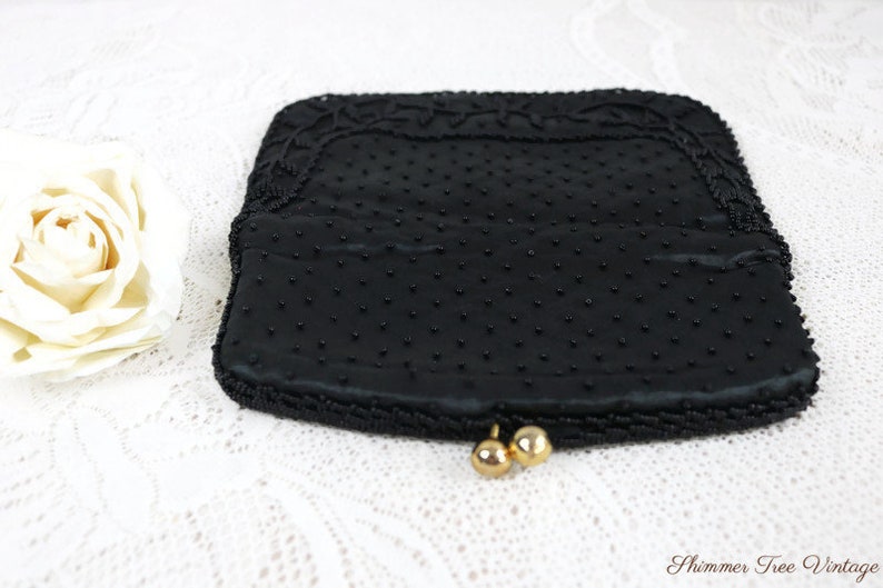 Vintage Black Beaded Fold Over Evening Clutch with kiss clasp