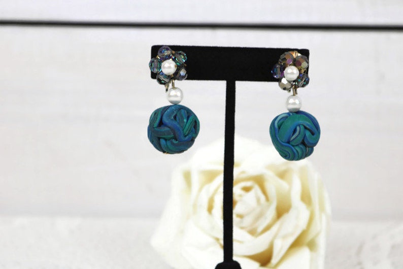 Pretty VENDOME Clip on earrings Aurora Borealis and blue Clay ball dangle clip on Earrings