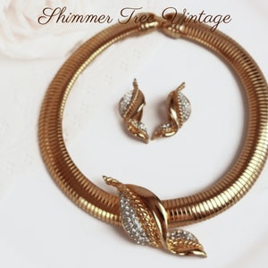 Beautiful CRAFT Signed Rhinestone Leaf, Omega Chain Choker Set