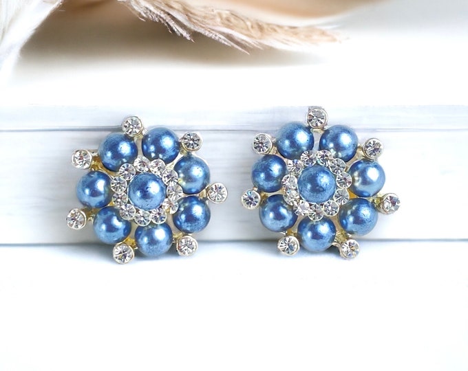 Charming vintage Grey/blue Faux Pearl and Rhinestone Clip on Button Earrings