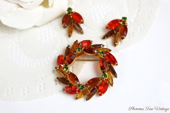 Juliana D&E Orange Wreath Brooch and Clip on Earri