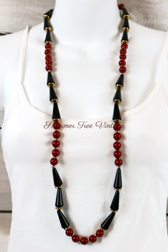 NAPIER Signed Long Red and Black Lucite Beaded Ne… - image 6
