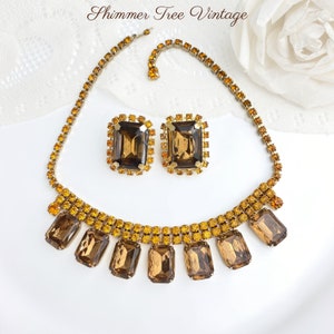 Mid Century Golden Topaz Rhinestone Necklace and Clip On Earrings