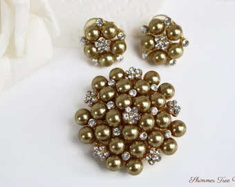 Gold Glass pearl and Rhinestone Brooch and Earrings Set