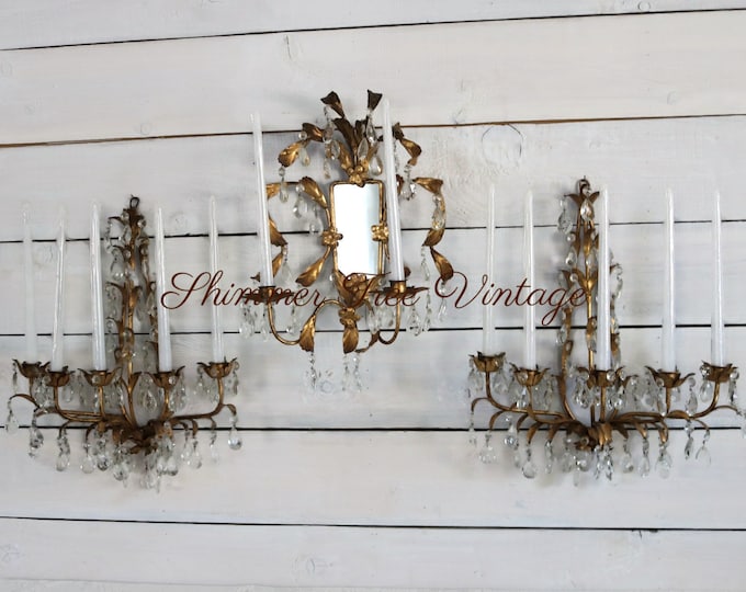 Antique Italian Gold Gilt Bronze and Crystal Candelabra and Mirror Wall sconces, 1700 - 1800 Edwardian decor, Antique candleholders