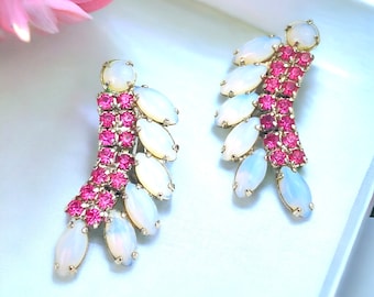 Mid Century White Milk Glass and Pink Rhinestone Ear Crawler Clip on Earrings