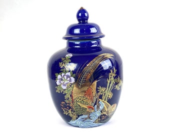 Beautiful Royal Blue Ginger Jar with Gilt Phoenix and Flowers