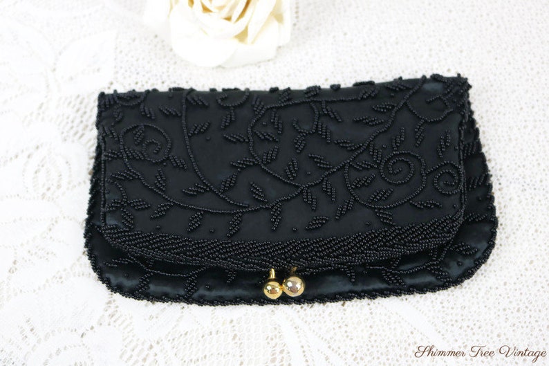 Vintage Black Beaded Fold Over Evening Clutch with kiss clasp