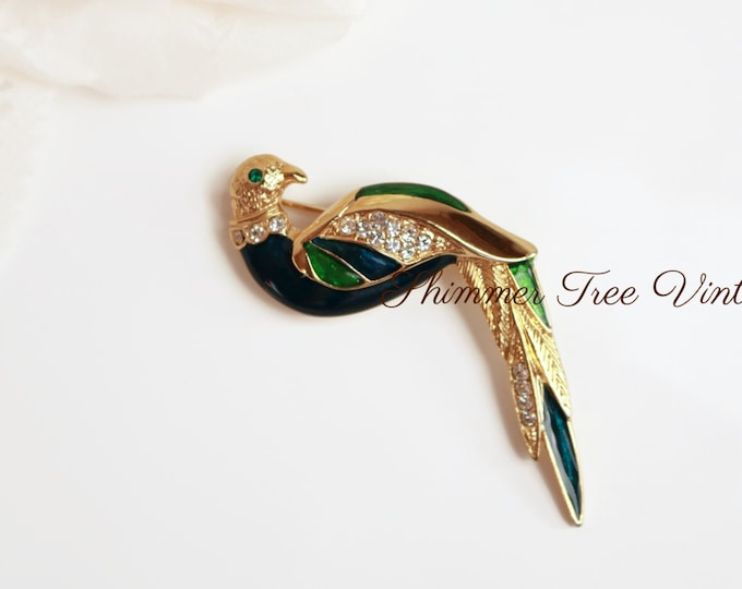 Green and Blue Fancy Long Tail Feather Bird Brooch