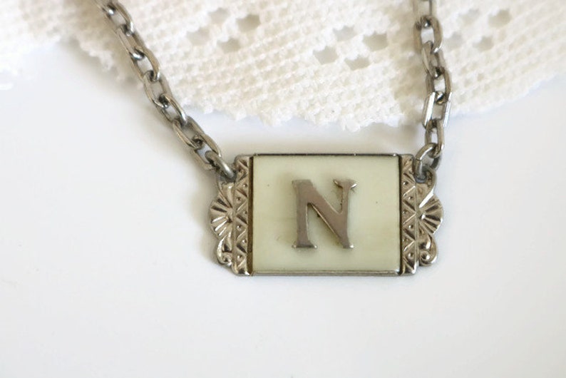 Men/'s art nouveau suit and tie accessories Tie bar with N initial celluloid pearlescent insert and silver tone metal