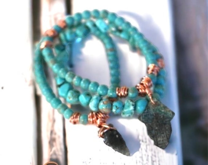 Turquoise Bracelet with Antique Cross and Genuine Arrowhead Charms