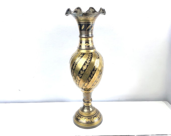 Tall Etched Solid Brass and Black Enamel Vase