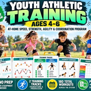 May include: A digital youth athletic training program for ages 4-6 featuring speed, strength, agility, and coordination exercises. Includes printable training tracks, cone drills, strength exercises, and a progress tracker for at-home use.