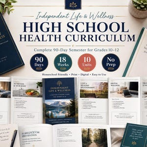 May include: Independent Life & Wellness High School Health Curriculum for grades 10-12. Includes a 90-day semester course, 18 weeks, 10 units, and no-prep materials. Features spiral-bound books, unit study guides, and lesson pages with text.