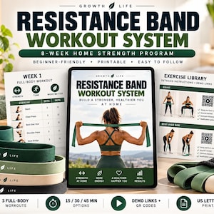 May include: A resistance band workout system featuring a tablet displaying an 8-week home strength program, printed exercise library sheets, and a set of four fabric resistance bands in dark green, light green, beige, and black with a mesh bag.