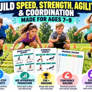 Puede incluir: Un conjunto de tres tarjetas de entrenamiento blancas con texto e ilustraciones para ejercicios de velocidad, agilidad y fuerza. Las tarjetas incluyen un rastreador de progreso, instrucciones y diagramas para niños, con el texto BUILD SPEED, STRENGTH, AGILITY & COORDINATION MADE FOR AGES 7-9.