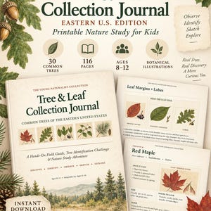 May include: A printable nature study journal titled Tree & Leaf Collection Journal Eastern U.S. Edition. The cover features botanical illustrations of trees, leaves, and a landscape. It includes 116 pages, 30 common trees, and identification guides.