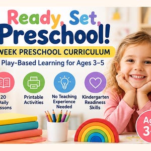 以下が含まれることがあります： Ready, Set, Preschool!というタイトルの4週間の就学前カリキュラム。3〜5歳向けの遊びを通じた学習教材。20日分のレッスン、印刷可能なアクティビティ、指導経験不要、幼稚園準備スキルが含まれており、カラフルなアイコンで構成されています。
