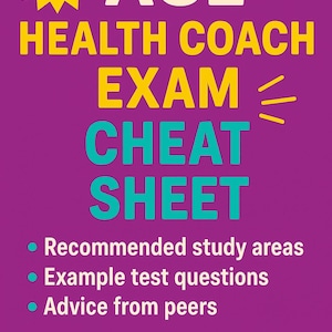 Puede incluir: Un gráfico morado y naranja con el texto "ACE HEALTH COACH EXAM CHEAT SHEET". La imagen incluye viñetas con consejos de estudio y la frase "¡Aumente sus posibilidades de aprobar el examen ACE Health Coach!"