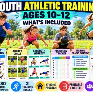 May include: A digital youth athletic training programme for ages 10-12 featuring weekly workouts, agility drills, strength exercises, a progress tracker, and bonus pages. The layout includes text, icons, and photos of children exercising outdoors.